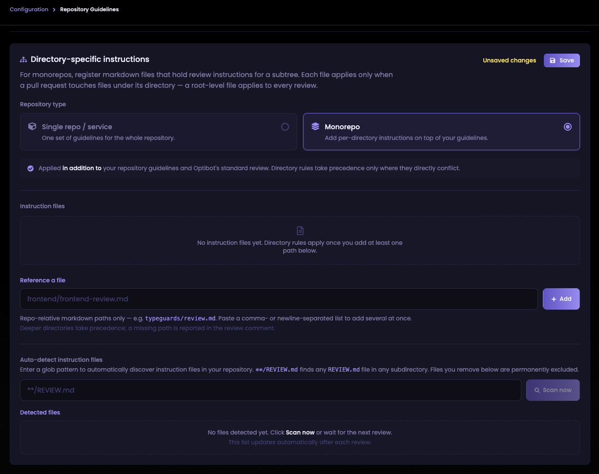 Repository Guidelines page showing the Auto-detect instruction files section with a glob pattern field and Scan now button