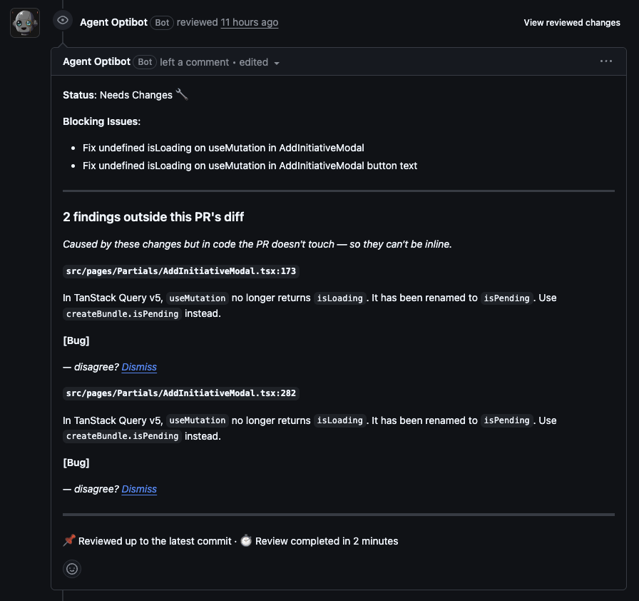 Dismiss link on an outside-diff finding in a pull request comment