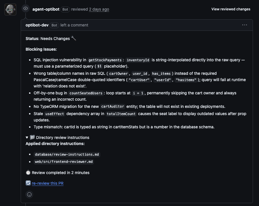 Optibot review comment showing blocking issues with a directory review instructions footer listing applied files