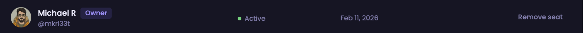 A row in the Members tab for Michael R, marked with an Owner label, showing Active status, a join date of Feb 11, 2026, and a Remove seat button.