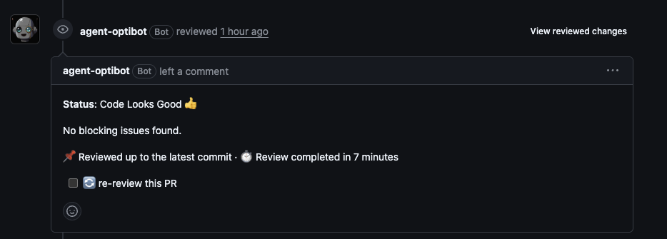After: the same kind of Optibot review comment on GitHub, now ending with an unticked task-list checkbox labelled re-review this PR.