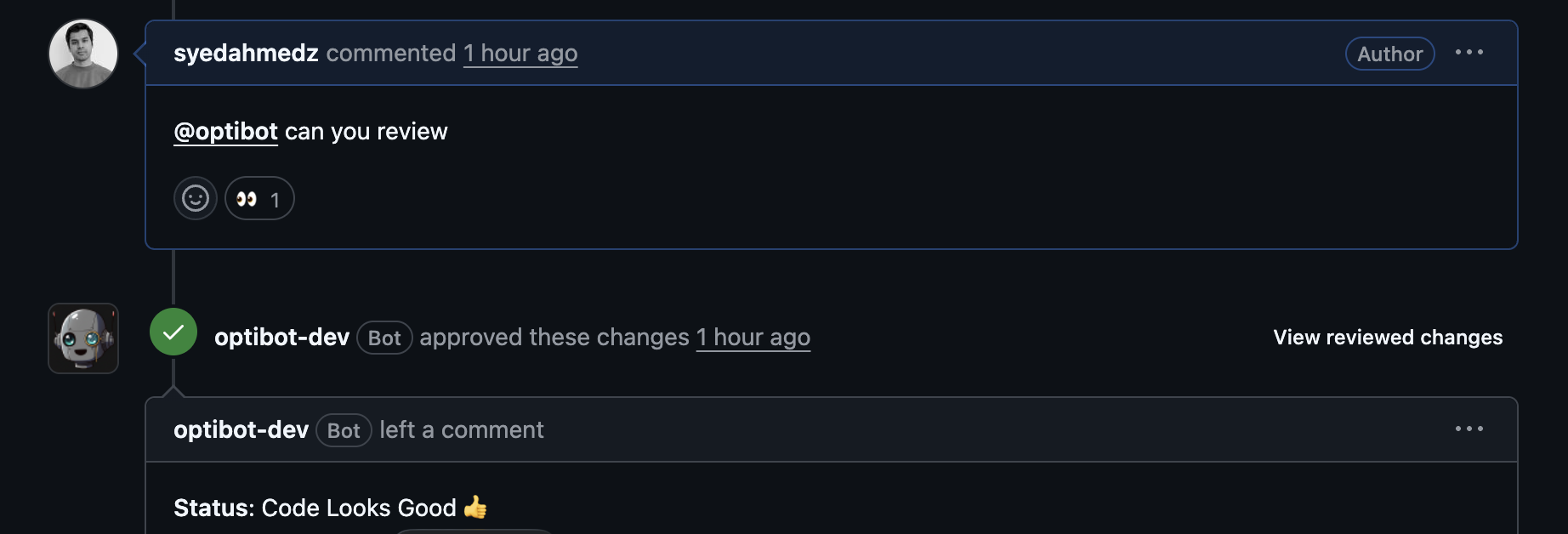 Eyes reaction acknowledging a review request on a GitHub comment