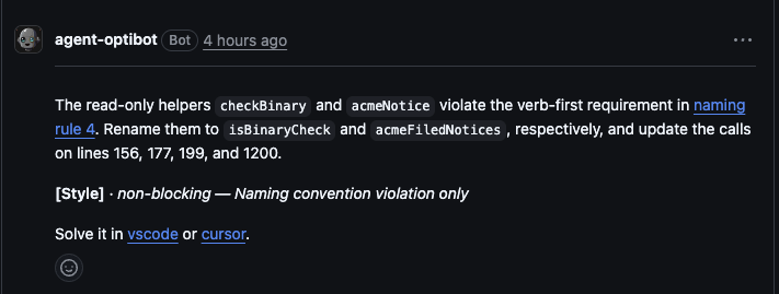 An Optibot review comment saying two read-only helpers violate the verb-first requirement in naming rule 4, where naming rule 4 is a link, and suggesting new names. It is tagged Style, non-blocking.