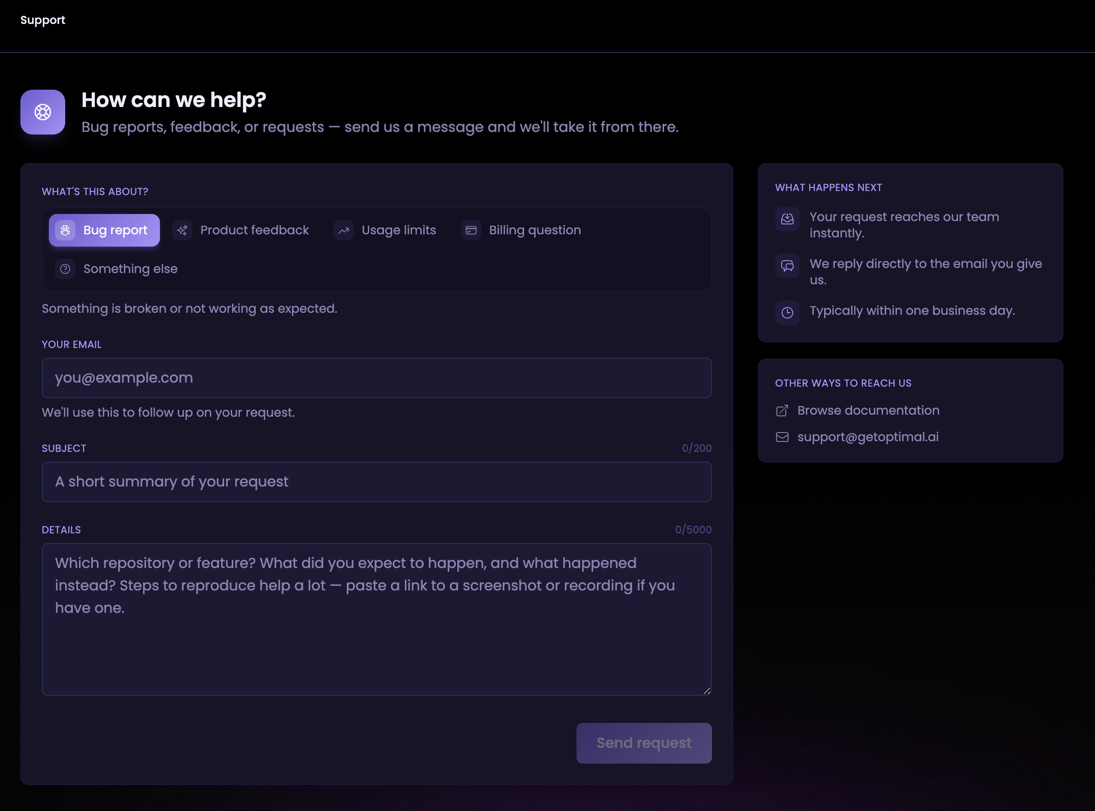 Optibot's Support page, titled 'How can we help?', with category buttons for Bug report, Product feedback, Usage limits, Billing question, and Something else, plus Your email, Subject, and Details fields and a Send request button. A side panel explains what happens next and lists documentation and support@getoptimal.ai as other ways to reach the team.
