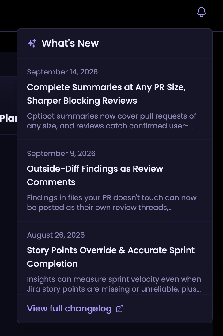 The 'What's New' panel open below the bell icon in Optibot's dashboard header, listing dated updates including 'Complete Summaries at Any PR Size, Sharper Blocking Reviews' and 'Outside-Diff Findings as Review Comments', each with a short description, and a 'View full changelog' link at the bottom.